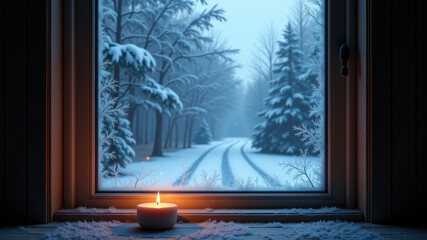 Obraz premium Snowy road through forest viewed from warm home window during winter storm