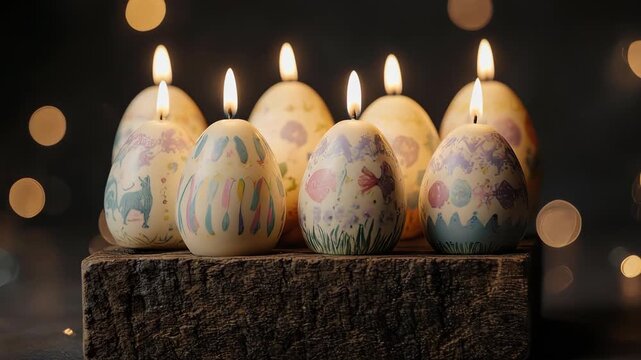 Lit colored egg-shaped candles in wooden holder on dark bokeh background.