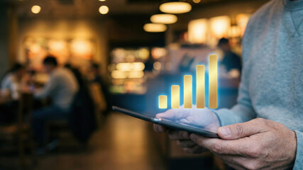 Gold price movement digital chart tablet business data analysis modern cafe setting