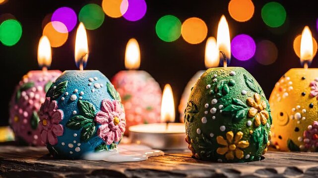 Lit colored egg-shaped candles in wooden holder on dark bokeh background.