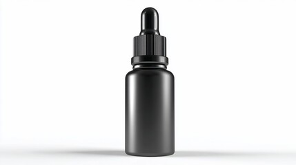 A sleek, black bottle with a dropper is presented against a stark white backdrop