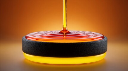 A close-up of amber liquid pouring onto a circular, layered platform with a dark band