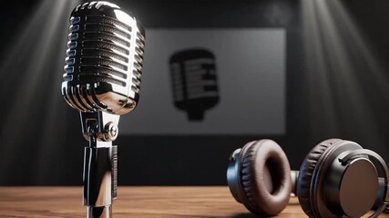 P130-Podcasting and radio concept with retro microphone and headphones on empty wooden table and dark bla 4K 10s