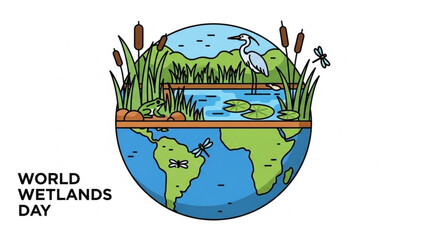 World wetlands day, illustration of earth with wetland ecosystem, plants, water, animals, conservation concept