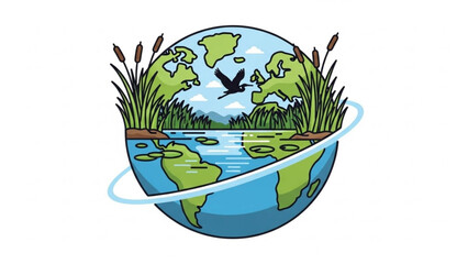 Illustration of a stylized earth with a serene wetland ecosystem and a flying bird, symbolizing environmental conservation and harmony with nature, featuring lush