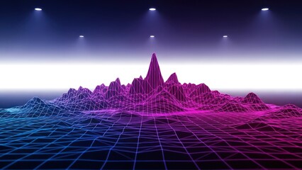 A digital landscape, gridded with purple and blue lines, illuminated by overhead lights