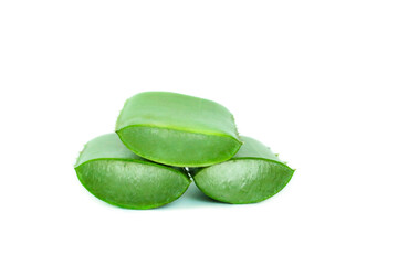 Aloe vera slices with visible gel, minimal composition, separated on bright white background.