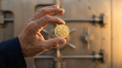 Gold coin hand percent bank safe price movement concept finance detail
