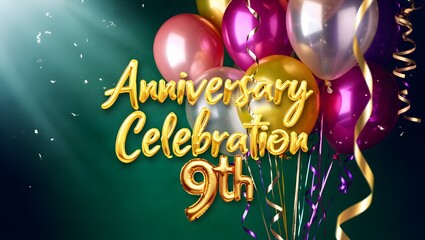 Anniversary celebration 9th with shiny balloons and confetti on dark green background