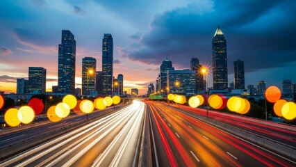 Cityscape at dusk with blurred traffic lights on highway, modern skyscrapers in background, urban landscape with colorful lights, busy road with motion blur, twilight city scene
