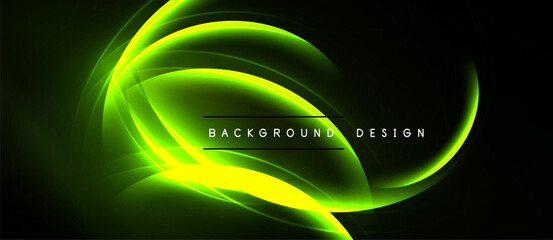 Abstract neon swirls, vibrant green glows against black backdrop. Modern design element, dynamic energy radiates.
