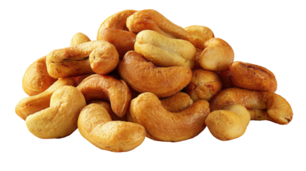 Roasted cashew nuts piled golden brown with realistic texture on transparent background
