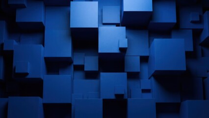 Abstract composition of blue 3D cubes varying in size, creating depth and shadow play