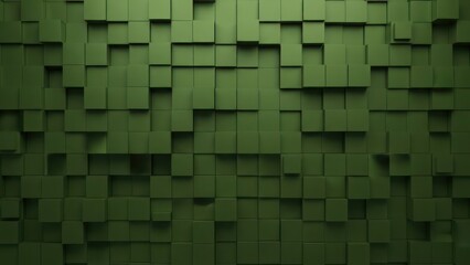 Abstract green wall, composed of randomly positioned, protruding cubic tiles