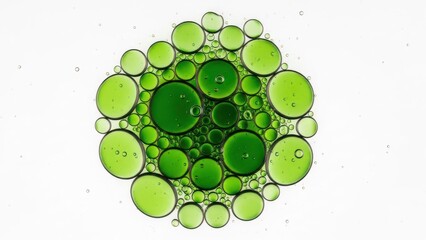 Abstract overhead shot of green liquid droplets clustered on white background