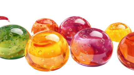 Sparse colorful liquid filled popping boba on transparent background
