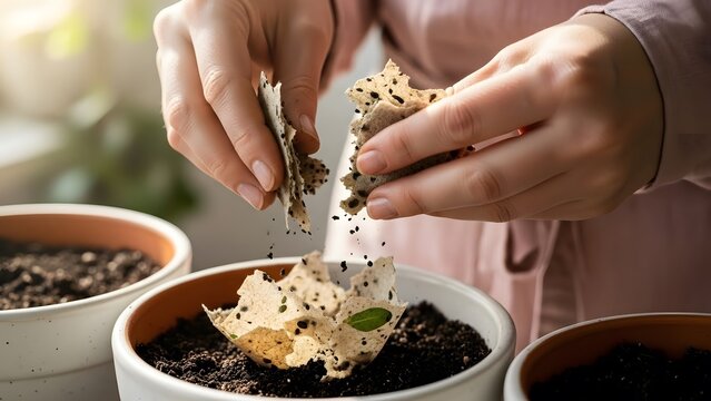 Macro of Hands Crumbling Seed Paper into Terracotta Pots with Soil