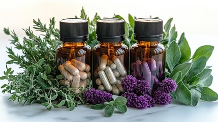 Three amber glass bottles with capsules nestled amongst vibrant greenery