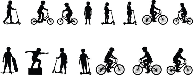 Children silhouette icons, wheeled play activities, scooter bike skateboard, outdoor movement, childhood recreation, black figures, active kids, sports poses © Its Marjia's World