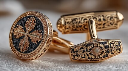 Ornate gold cufflinks with dark inlays, intricate carvings