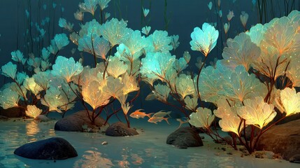 Underwater scene with glowing flora, fish, and rocks in turquoise water