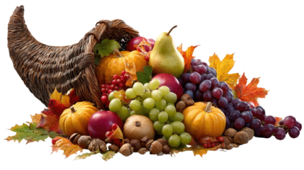 Traditional harvest cornucopia basket overflowing with fruits and vegetables on transparent background