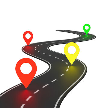 Winding road with multiple location pins isolated on transparent background