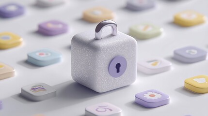 Softly lit 3D rendering featuring a central security block with icons scattered around