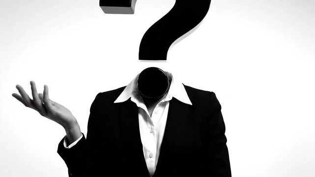 P169-Businessperson in formal suit with question mark symbol instead of head black and white  isol 4K 10s