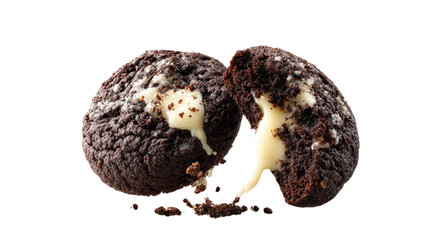 Two dark cocoa Amsterdam style cookies floating in mid air on transparent background