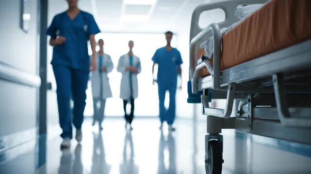 Dynamic view of an emergency medical team swiftly moving through a modern hospital corridor, with a gurney prepared in the foreground, signifying urgent patient care and dedicated healthcare services
