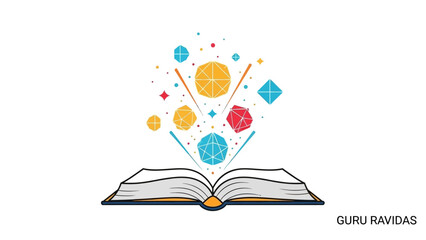 Open Book Releasing Colorful Geometric Shapes and Particles.