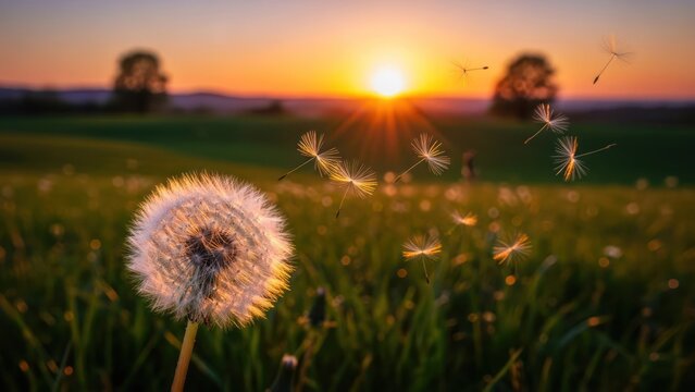 Dandelion seed dispersal in a vibrant green field at sunset with lens flare - Powered by Adobe