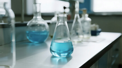 Erlenmeyer Flask with Blue Liquid Resting on a Clean White Lab Bench Near Window