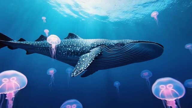 Giant whale shark drifts serenely through deep blue ocean waters surrounded by glowing bioluminescent jellyfish, creating a magical underwater scene.