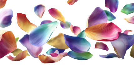 Vibrant multicolor flower petals gracefully falling in mid air on transparent background