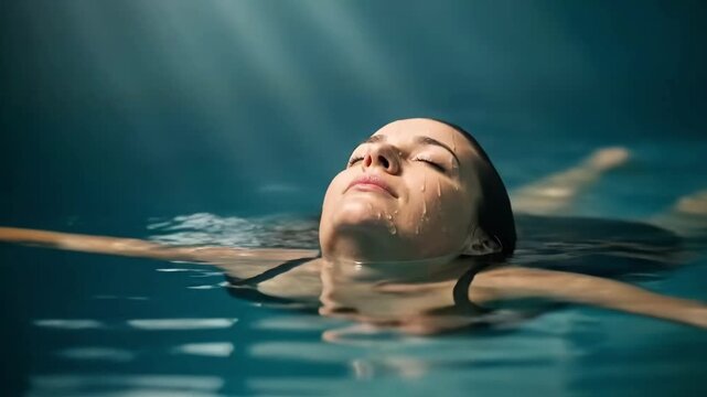 Woman floating on water with closed eyes for serene spa or relaxation themed video