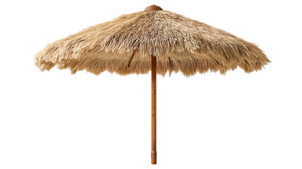 Traditional thatched tiki umbrella with bamboo pole for summer vacation concept.