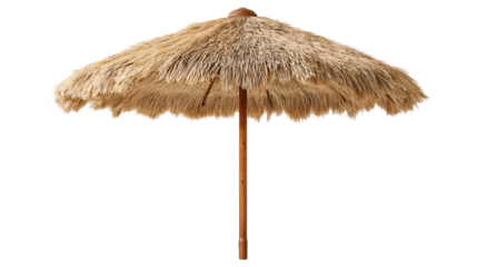 Traditional thatched tiki umbrella with bamboo pole for summer vacation concept.