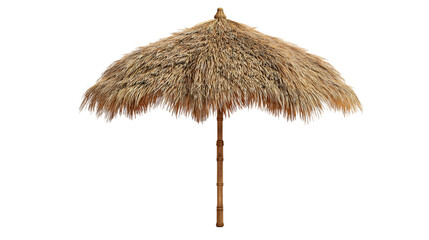 Tropical straw beach umbrella isolated on light gray background.