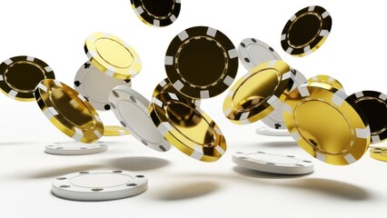 Floating casino chips with gold, white, & black in a dynamic, bright white background