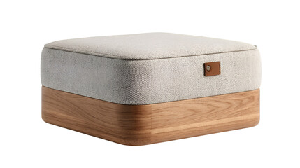Contemporary square footstool featuring gray fabric and a minimalist wooden frame.