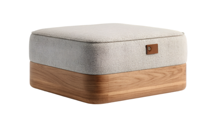 Contemporary square footstool featuring gray fabric and a minimalist wooden frame.