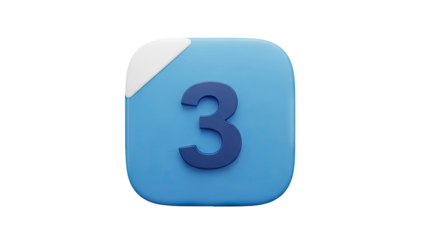 3D Number 3 icon with blue rounded square and white accent on transparent background