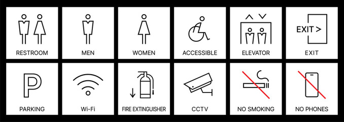 Minimalist Public Facility Signage Icons Set for Wayfinding and Information Design