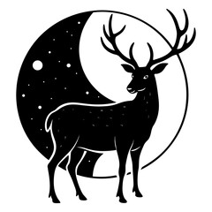 Stag silhouette against crescent moon and starry sky deer antlers