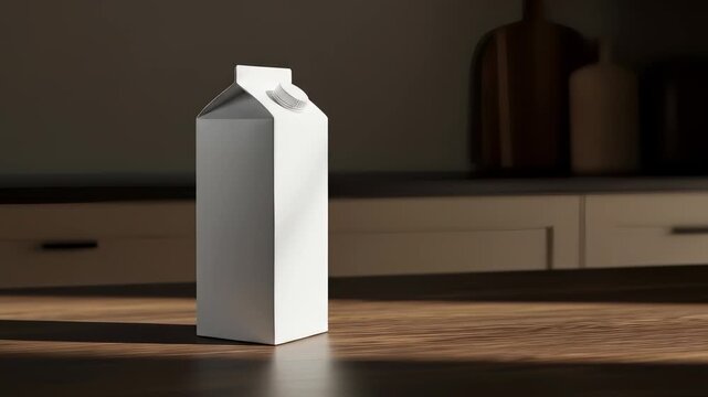 Milk carton displayed on a wooden surface within a well-lit kitchen, simple and clean