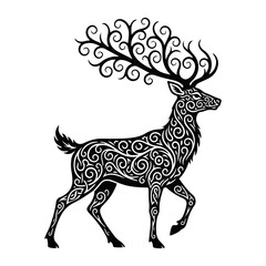 Ornate black deer with swirling patterned antlers and body stag animal