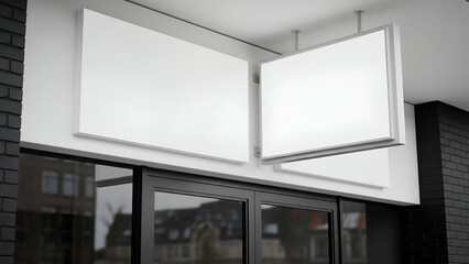 Modern Exterior Blank Signage Boards Above Glass Door Entrance