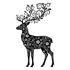 Black deer silhouette adorned with white floral and swirling vine ornaments vector